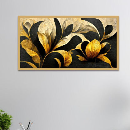 Gold & Black Abstract Design 3D Floral Illustration Canvas Painting For Wall Decor