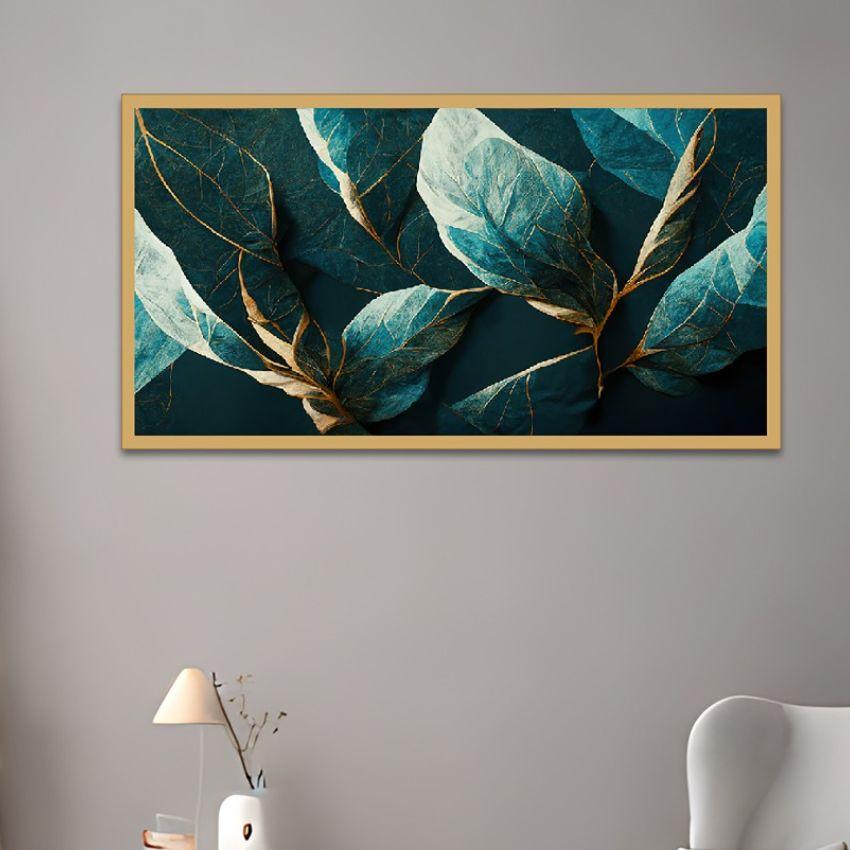 Elegance In Teal Printed Gilded Leaf Abstract Floral Canvas Wall Art With Frame