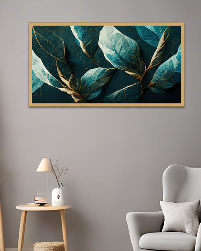 Elegance In Teal Printed Gilded Leaf Abstract Floral Canvas Wall Art With Frame