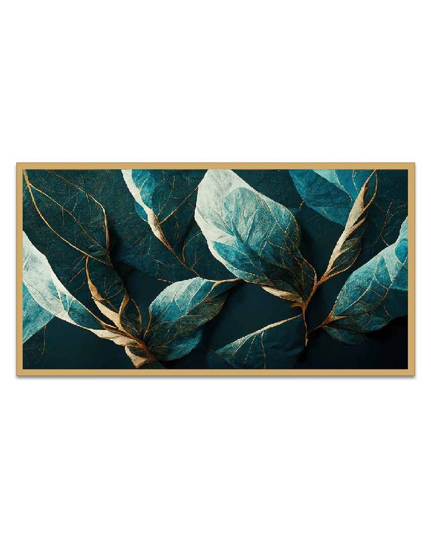 Elegance In Teal Printed Gilded Leaf Abstract Floral Canvas Wall Art With Frame