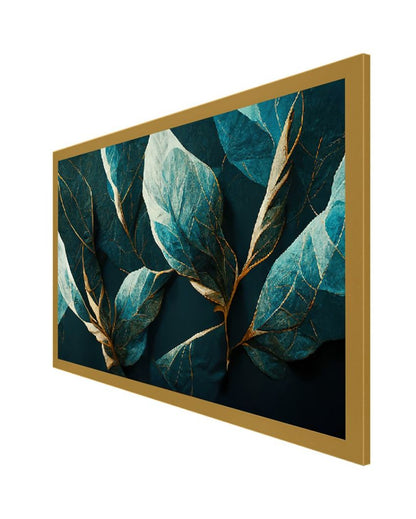 Elegance In Teal Printed Gilded Leaf Abstract Floral Canvas Wall Art With Frame