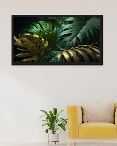 Abstract Tropical Palm Leaf Gold & Green Canvas Painting With Frame