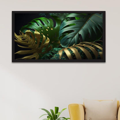 Abstract Tropical Palm Leaf Gold & Green Canvas Painting With Frame