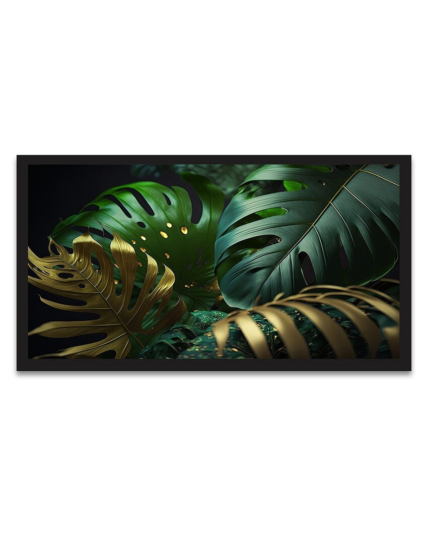 Abstract Tropical Palm Leaf Gold & Green Canvas Painting With Frame