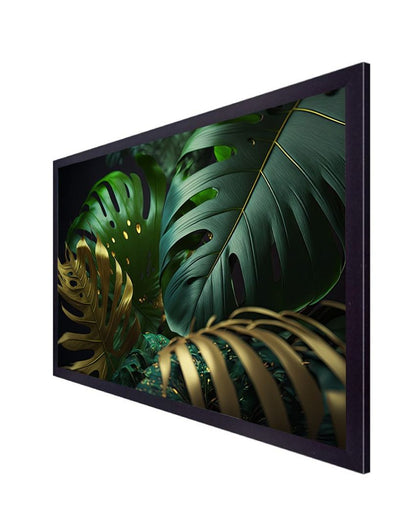 Abstract Tropical Palm Leaf Gold & Green Canvas Painting With Frame