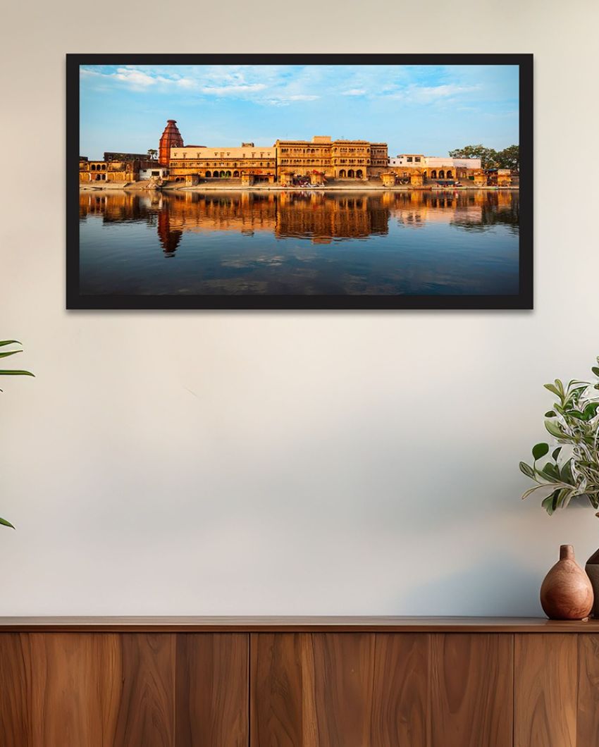 Beautiful Ganga Ghat Krishna Temple Vrindavan Canvas Painting For Wall Decoration