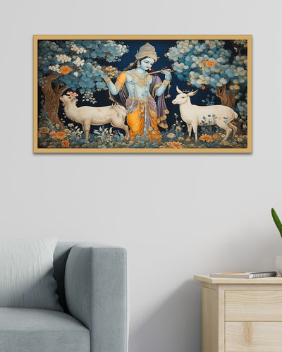 Lord Krishna In Forest With Deer Floating Frame Canvas Wall Painting