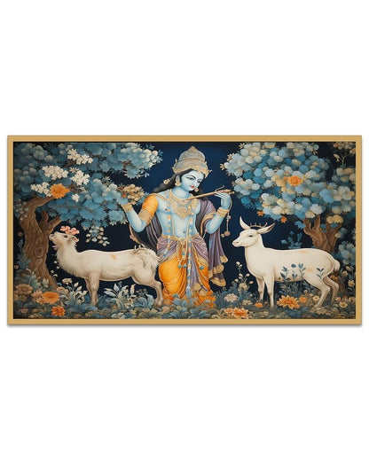 Lord Krishna In Forest With Deer Floating Frame Canvas Wall Painting