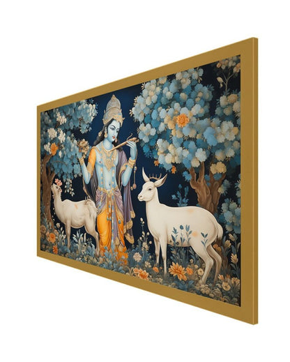 Lord Krishna In Forest With Deer Floating Frame Canvas Wall Painting