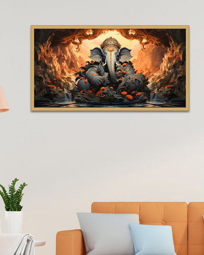 Vibrant Meditating Ganesha Wall Painting With Frame For Home Decoration