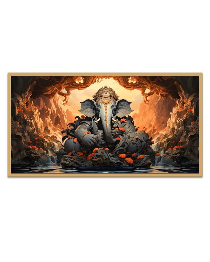 Vibrant Meditating Ganesha Wall Painting With Frame For Home Decoration