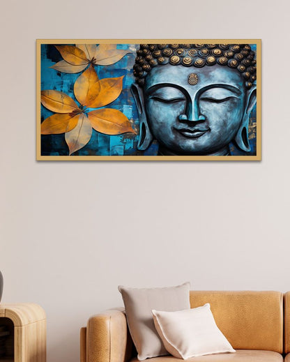 Lord Buddha & Flowers Canvas Painting With Blue Background