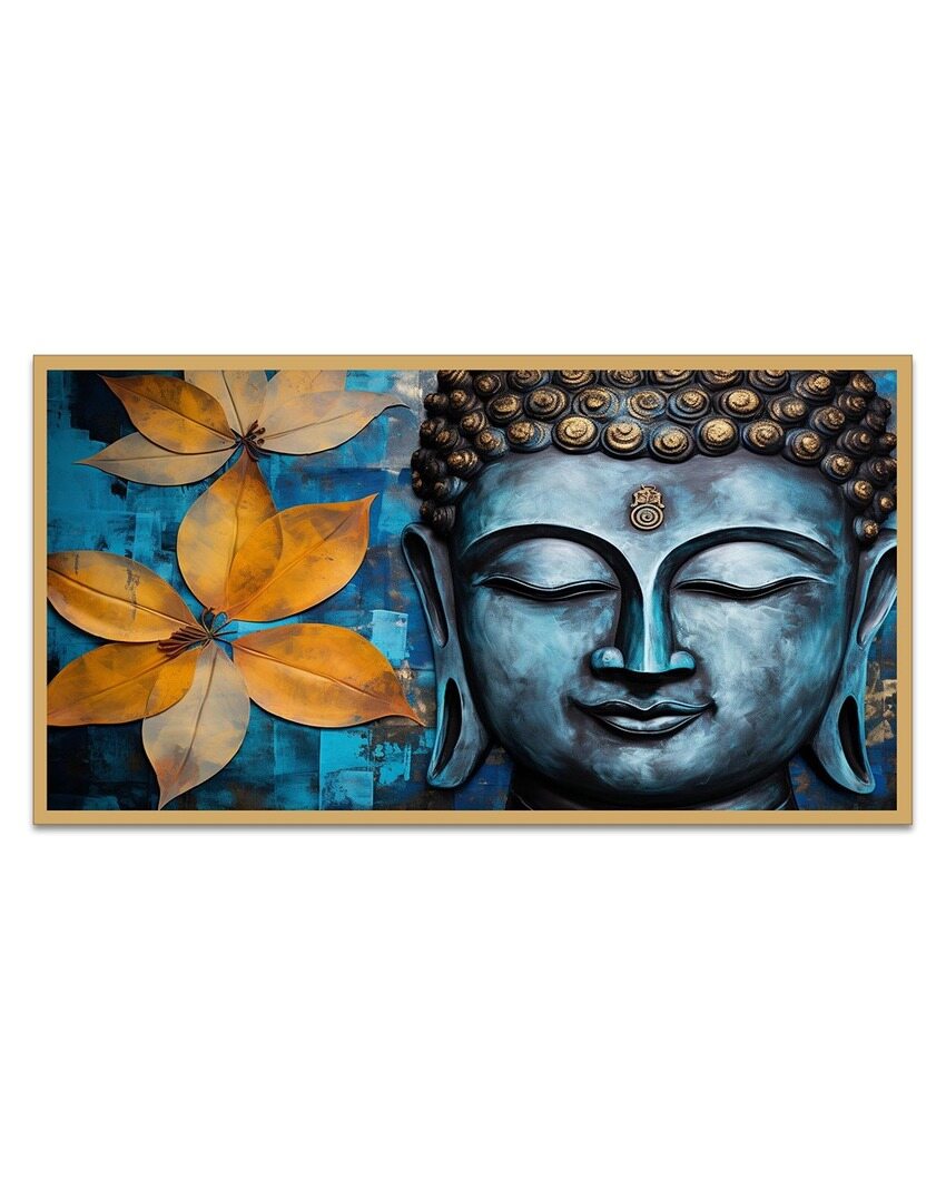 Lord Buddha & Flowers Canvas Painting With Blue Background