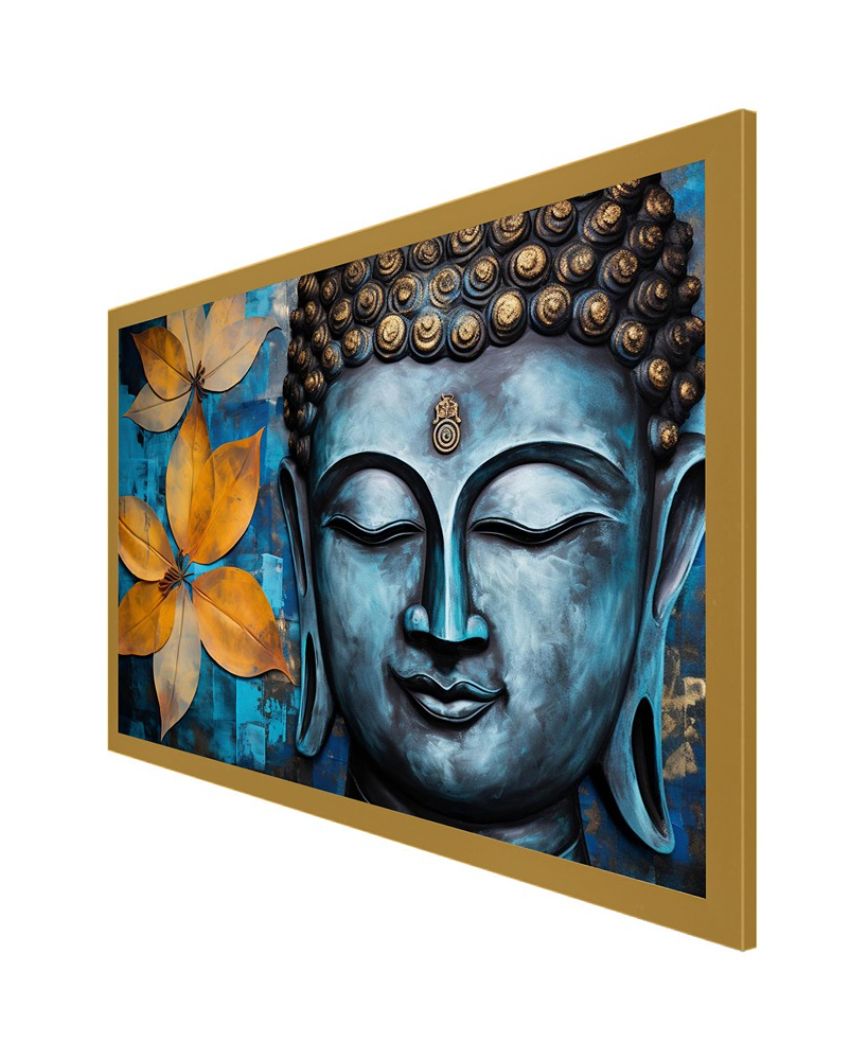 Lord Buddha & Flowers Canvas Painting With Blue Background