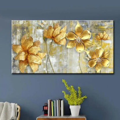 Blossoms Majestic Golden Flowers Panoramic Canvas Wall Painting 24x12 inches