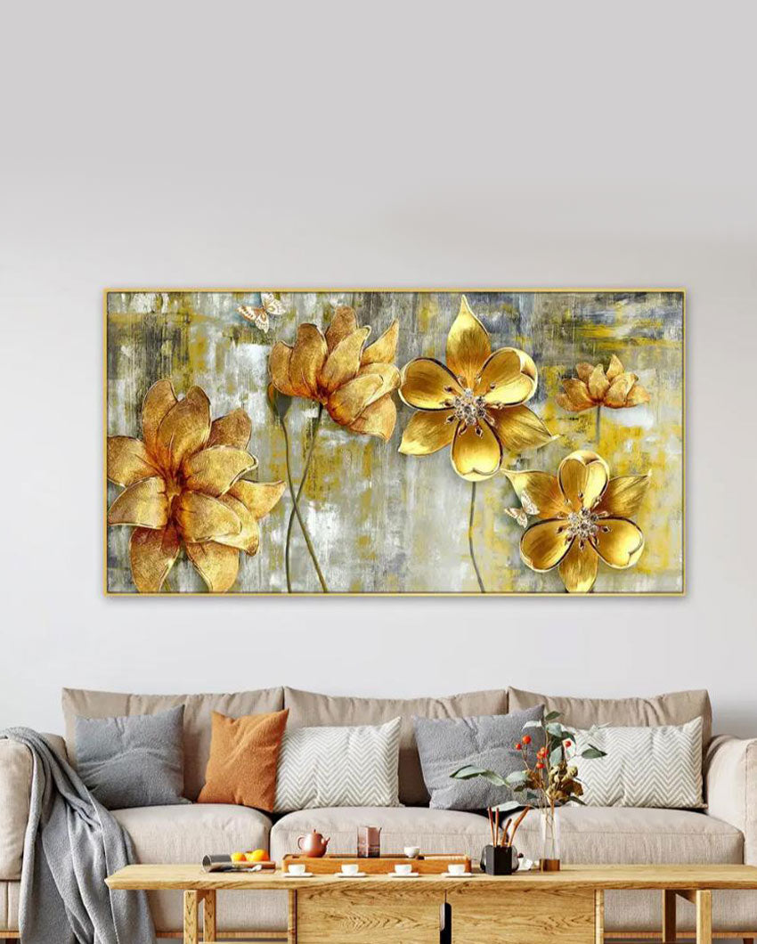 Blossoms Majestic Golden Flowers Panoramic Canvas Wall Painting 24x12 inches