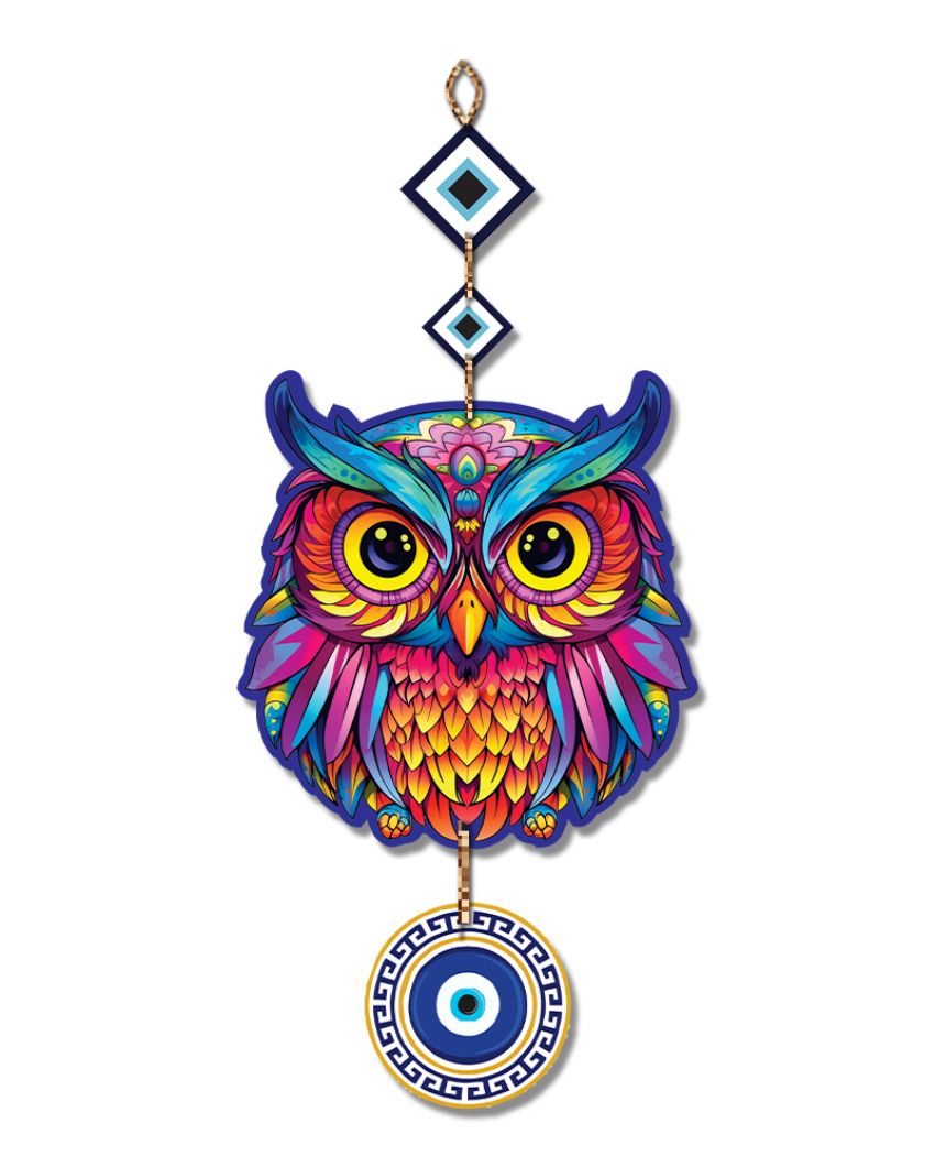 Wooden Owl Evil Eye Wall Hanging | 7 x 21 inches