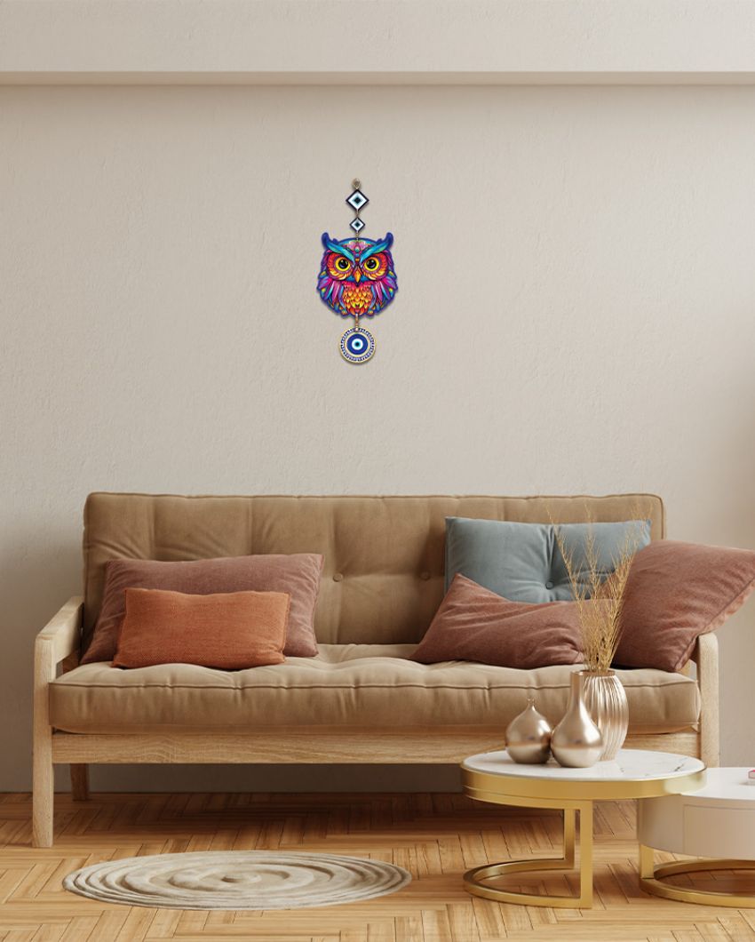 Wooden Owl Evil Eye Wall Hanging | 7 x 21 inches