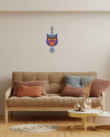 Wooden Owl Evil Eye Wall Hanging | 7 x 21 inches