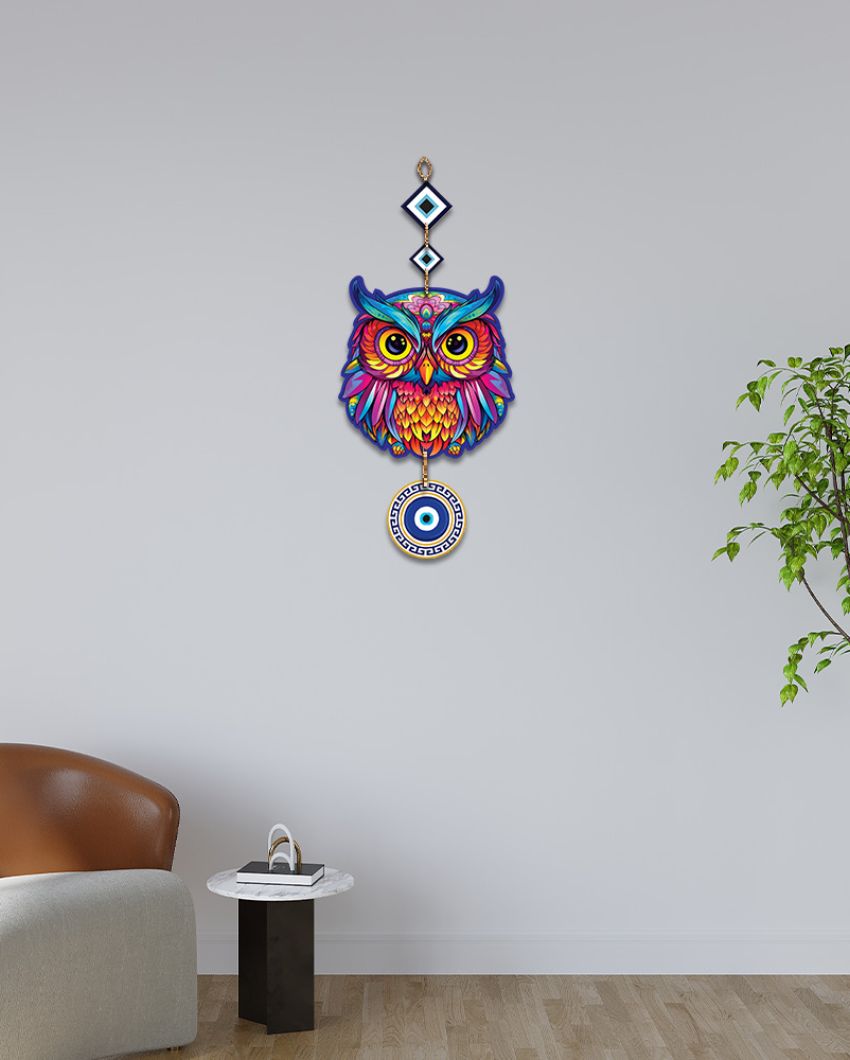 Wooden Owl Evil Eye Wall Hanging | 7 x 21 inches