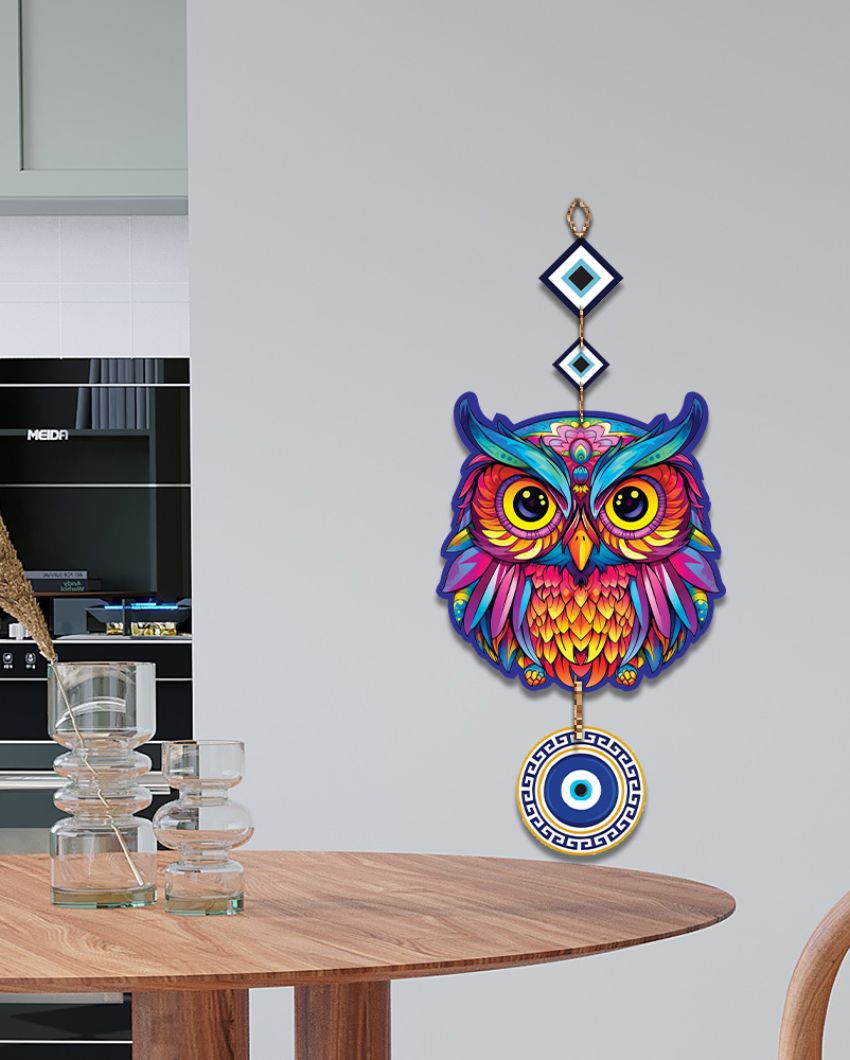 Wooden Owl Evil Eye Wall Hanging | 7 x 21 inches