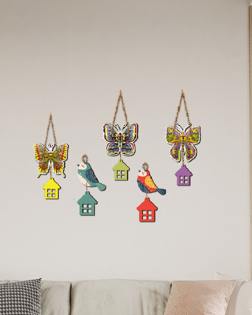 Wooden Butterfly And Birds Wooden Wall Hangings | Set of 5