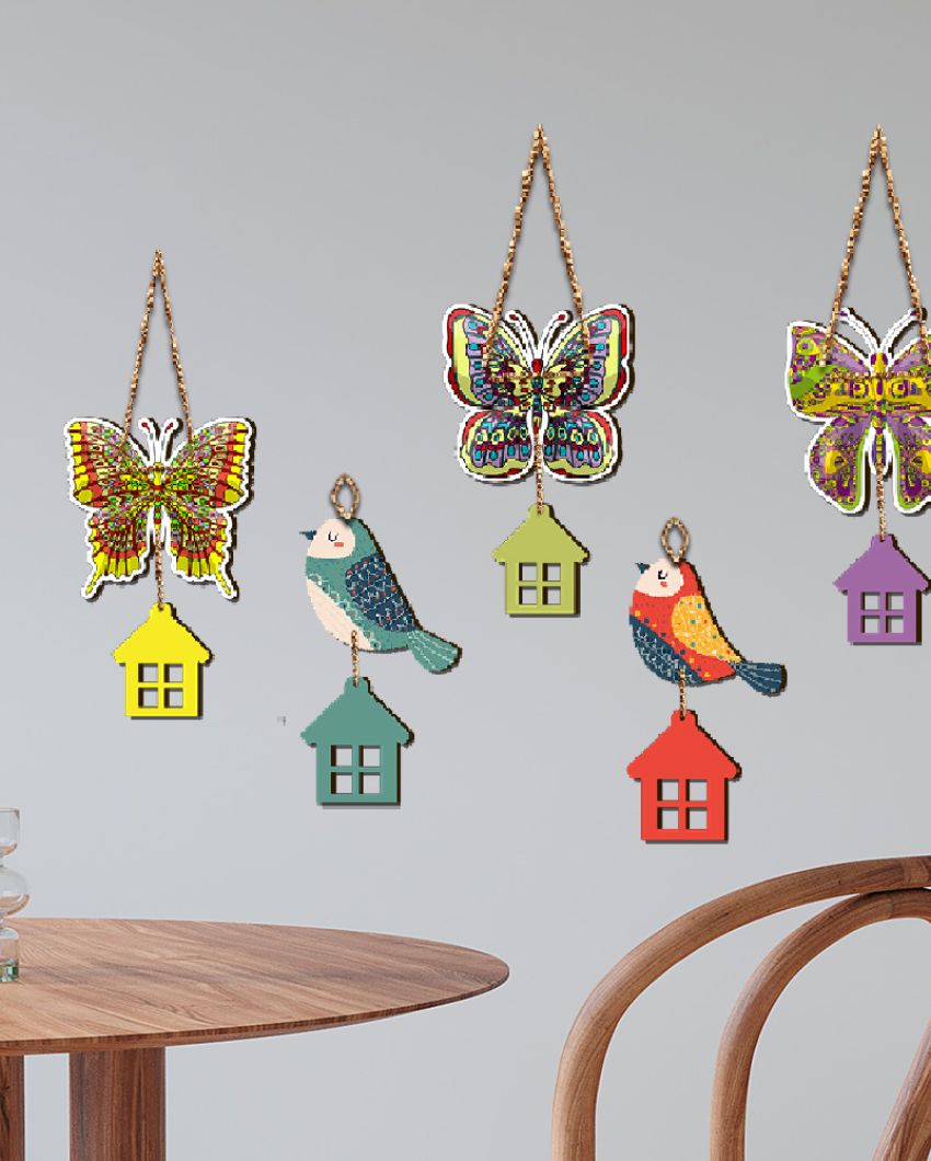 Wooden Butterfly And Birds Wooden Wall Hangings | Set of 5