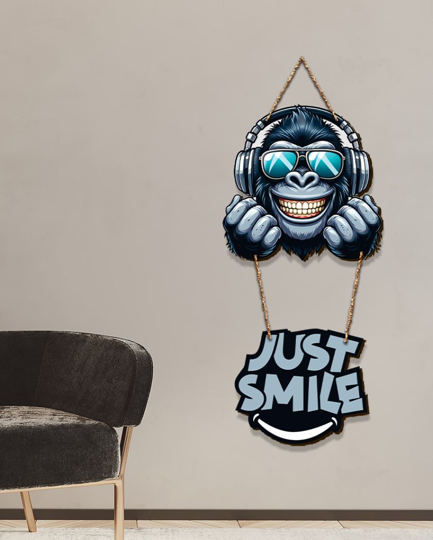 Just Smile Cartoon Gorilla With Sunglasses Printed Wooden Wall Hanging | 12 x 29 inches