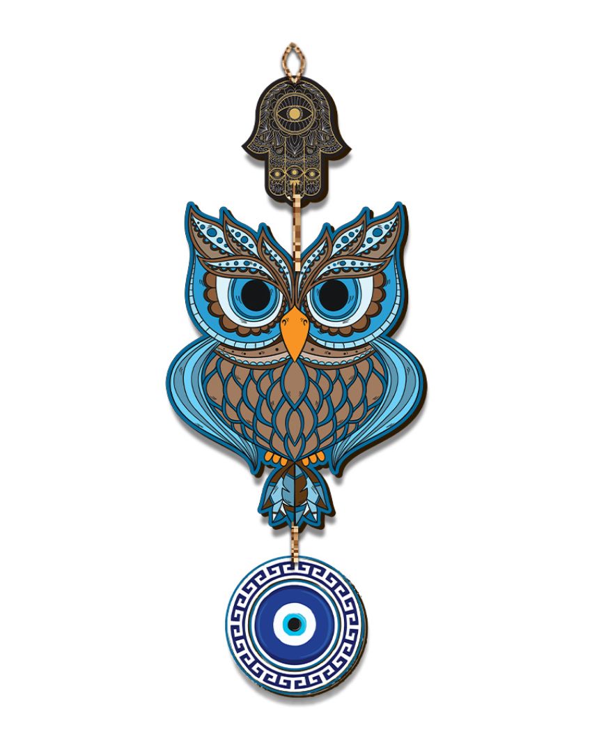 Wooden Owl Evil Eye Nazar Battu Wall Hanging | 7 x 20 inches