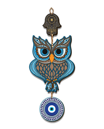 Wooden Owl Evil Eye Nazar Battu Wall Hanging | 7 x 20 inches