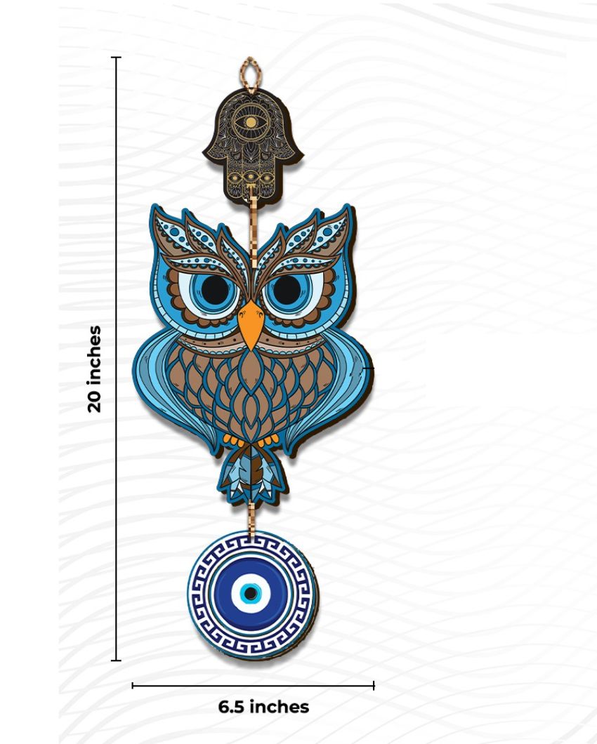 Wooden Owl Evil Eye Nazar Battu Wall Hanging | 7 x 20 inches