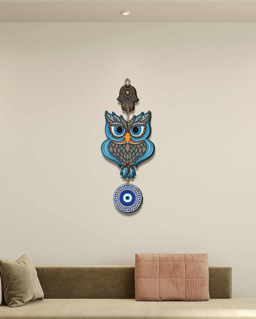 Wooden Owl Evil Eye Nazar Battu Wall Hanging | 7 x 20 inches