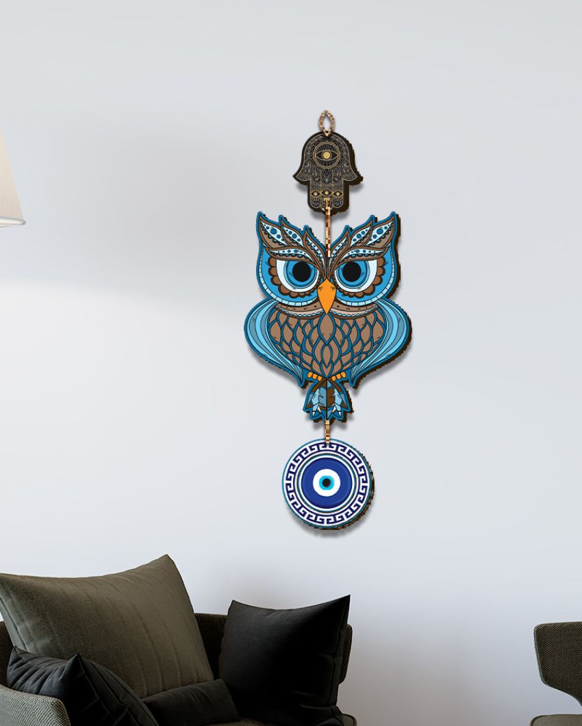 Wooden Owl Evil Eye Nazar Battu Wall Hanging | 7 x 20 inches