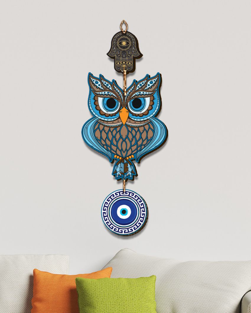 Wooden Owl Evil Eye Nazar Battu Wall Hanging | 7 x 20 inches