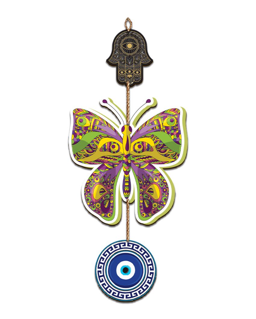 Wooden Butterfly Evil Eye Wall Hanging | 7 x 16 inches