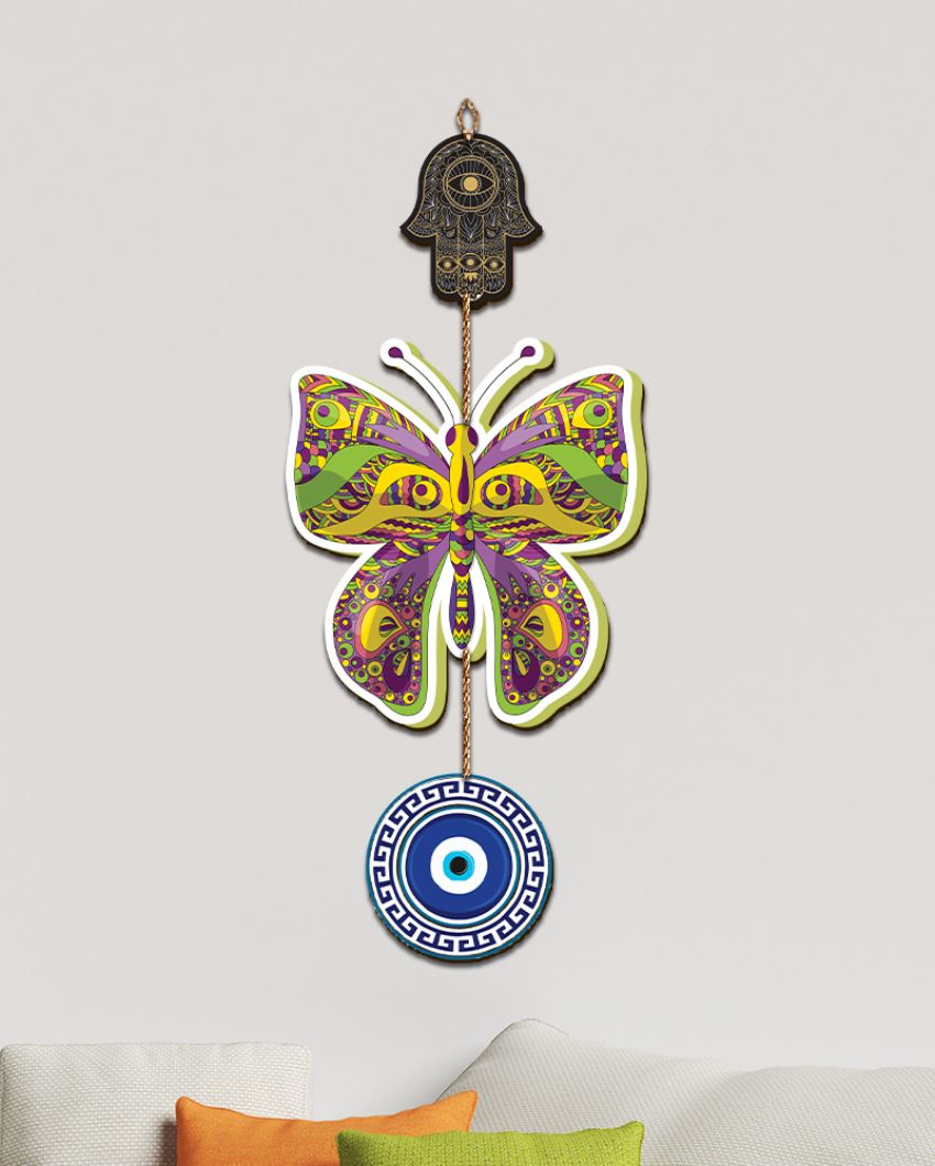 Wooden Butterfly Evil Eye Wall Hanging | 7 x 16 inches