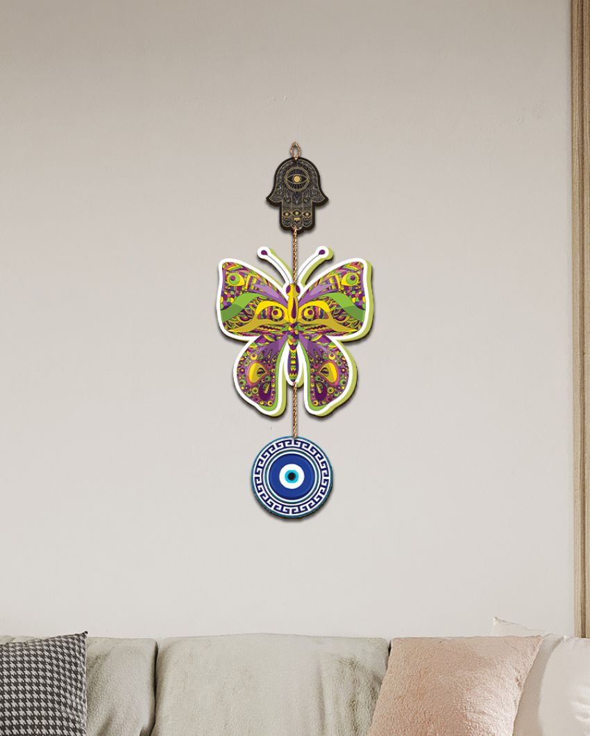 Wooden Butterfly Evil Eye Wall Hanging | 7 x 16 inches