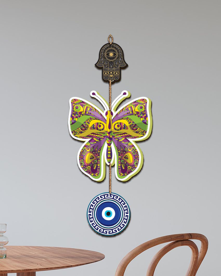 Wooden Butterfly Evil Eye Wall Hanging | 7 x 16 inches