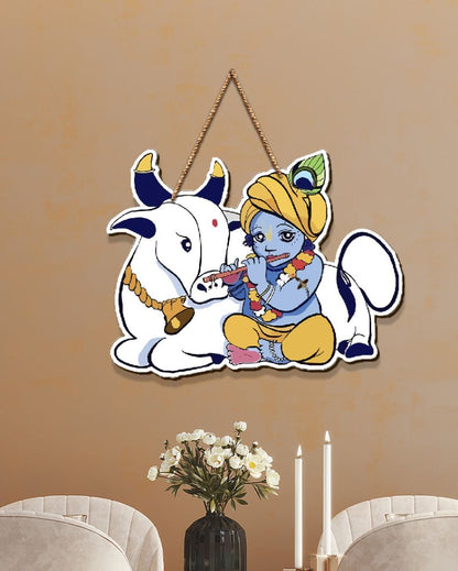 Designer Printed Krishna Wooden Wall Hanging | 8 x 9 inches