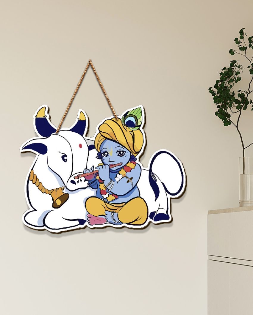 Designer Printed Krishna Wooden Wall Hanging | 8 x 9 inches