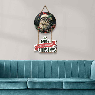 Vivid Merry Christmas Owl Wall Plaque Hanging | 21 x 9 inches