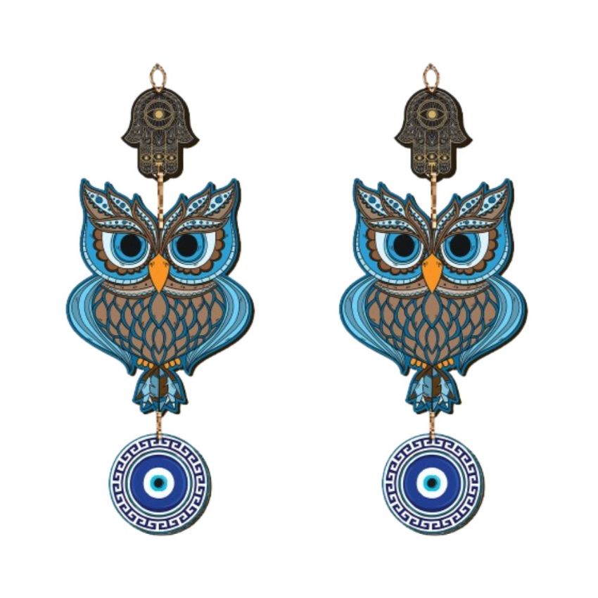 Wooden Owl Evil Eye Nazar Battu Wall Hanging | 7 x 20 inches