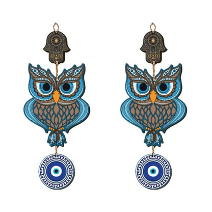 Wooden Owl Evil Eye Nazar Battu Wall Hanging | 7 x 20 inches