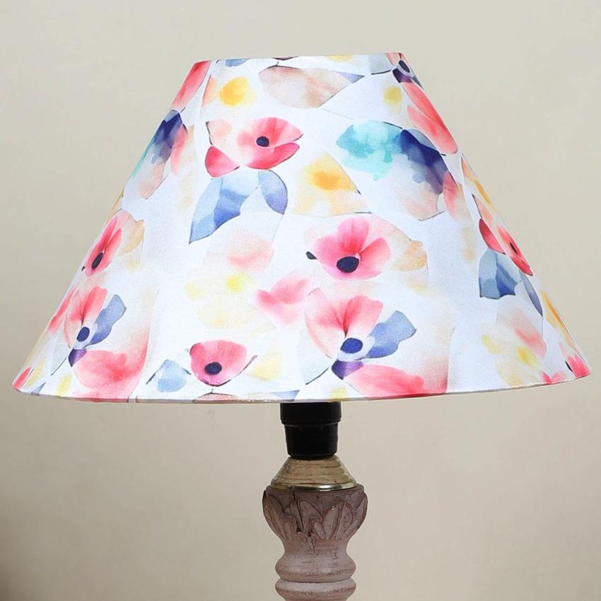 Hand Carved Classic Flower Print with Satin Shade Design Wooden Table Lamp | 10 x 16 inches