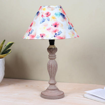 Hand Carved Classic Flower Print with Satin Shade Design Wooden Table Lamp | 10 x 16 inches