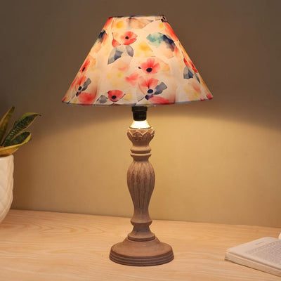 Hand Carved Classic Flower Print with Satin Shade Design Wooden Table Lamp | 10 x 16 inches