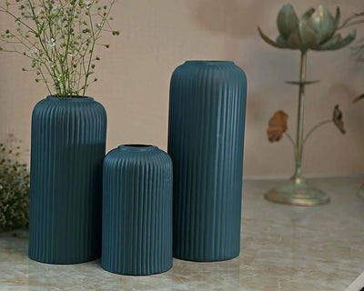 Blue Modern Ribbed Vase | Set Of 3