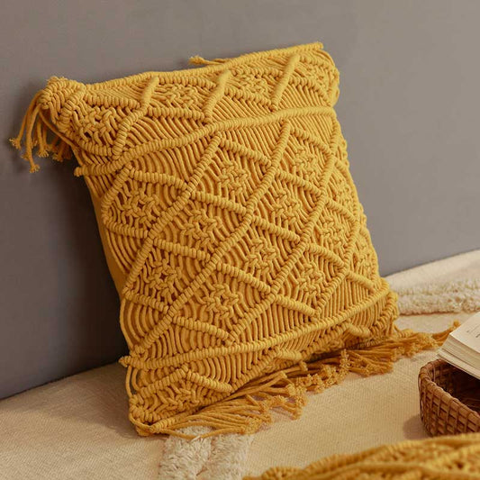 Macrame Yellow Cushion Cover | Single , Set of 2 | 16 x 16 inches