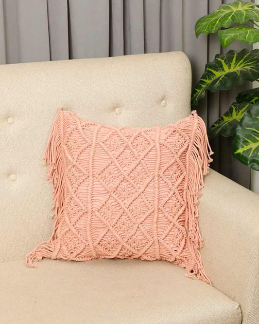 Diamond Fringes Cotton Cushion Cover | 16 x 16 Inches
