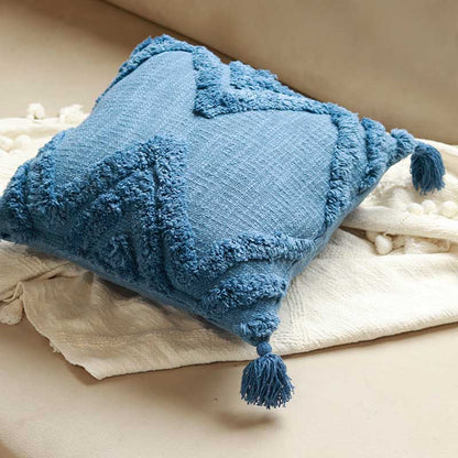 Blue Cotton Tufted Cushion Cover 16 Inches